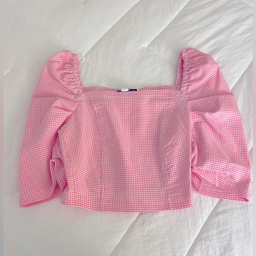 Topshop pink plaid crop top with puff arms